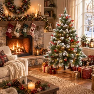 Froadp kunstkerstboom, 150 cm, PVC, met LED-verlichting, dennenappels en rode bessen