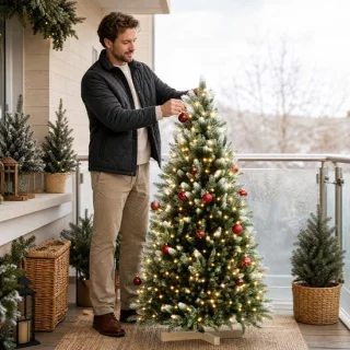 Froadp kunstkerstboom met ledverlichting en houten standaard