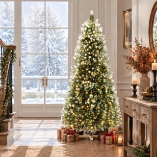 Froadp kunstkerstboom met verlichting in houten standaard, 225 cm