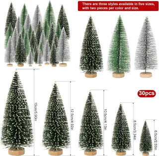 Geen merk Mini kunstkerstboom set van 30 met houten sokkel - groen/zilver