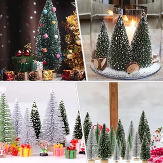 Geen merk Mini kunstkerstboom set van 30 met houten sokkel - groen/zilver