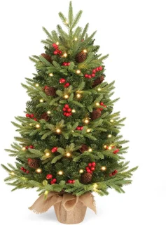 HOKEEPER Kunstkerstboom 90 cm met LED-verlichting & Decoratie – Dennenappels en Bessen