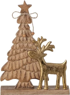 J-Line kerstboom en rendier van mangohout - naturel/goud