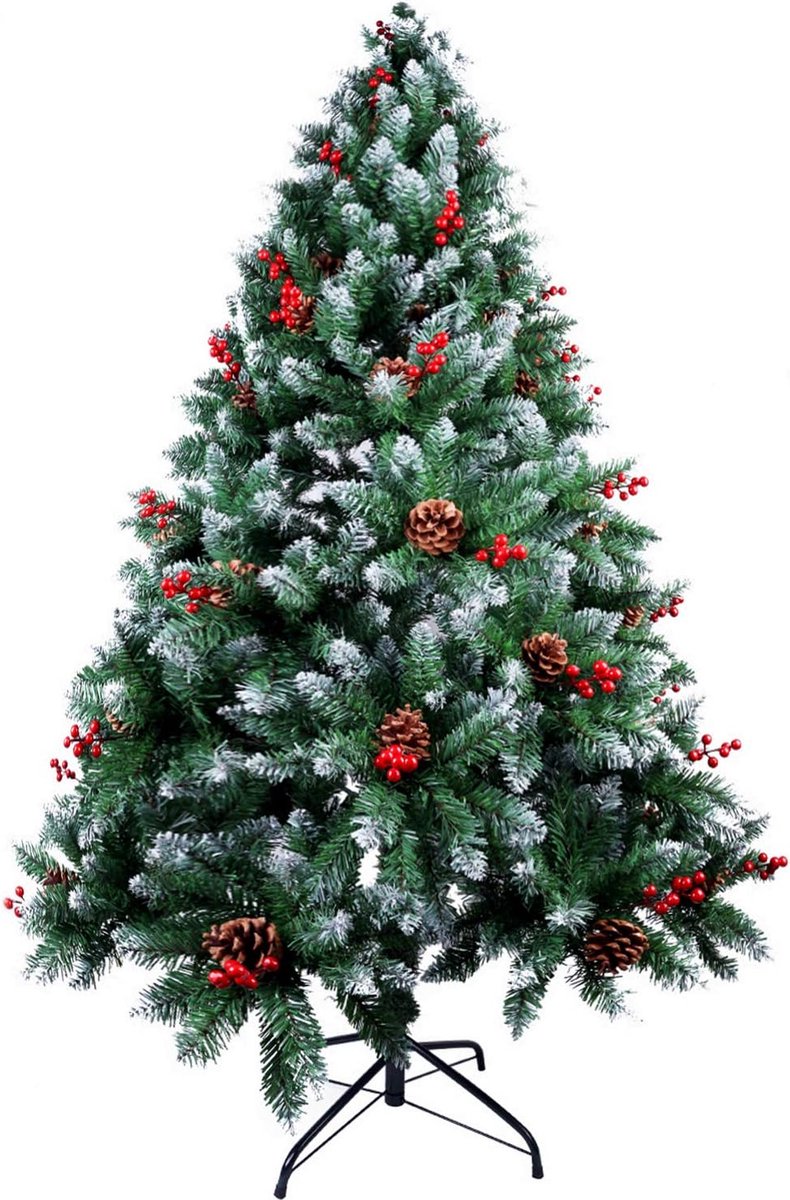 Kerstboom 1.8m Sneeuw Kunstkerstboom met Dennenappels en Rode Bessen