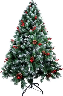 Kerstboom 1.8m Sneeuw Kunstkerstboom met Dennenappels en Rode Bessen