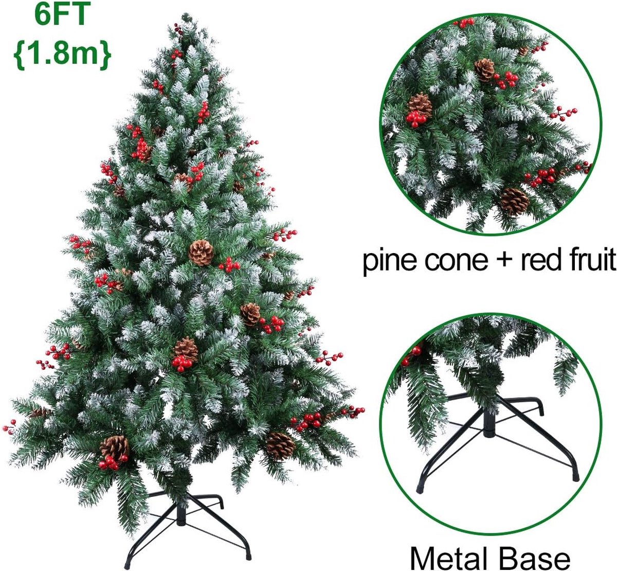 Kerstboom 1.8m Sneeuw Kunstkerstboom met Dennenappels en Rode Bessen
