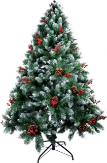 Kerstboom 1.8m Sneeuw Kunstkerstboom met Dennenappels en Rode Bessen