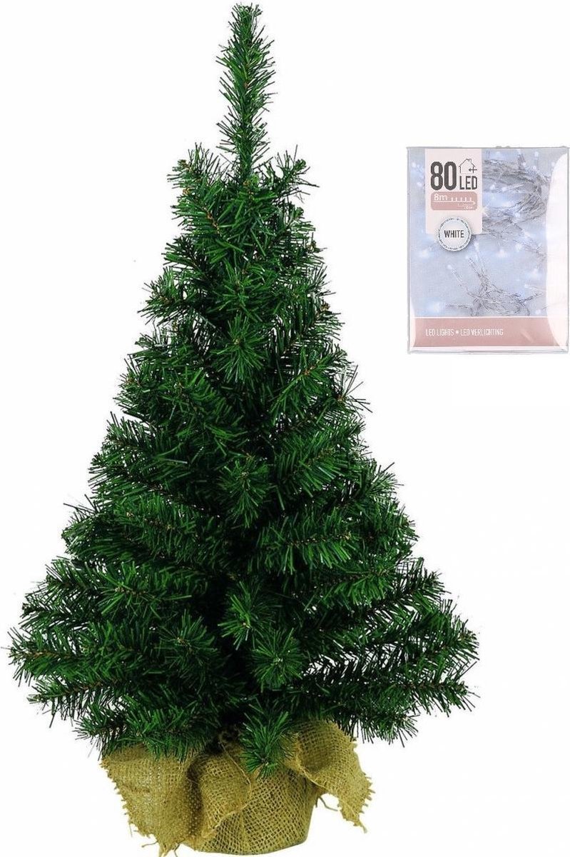 Kerstboom 60 cm in jute zak met verlichting