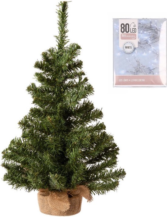 Kerstboom 60 cm in jute zak met verlichting