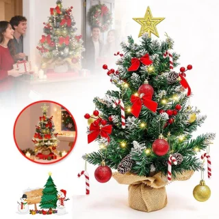 Kerstboom 60 cm met lichtsnoer, ster, ballen, strikken, dennenappels en linnen voet