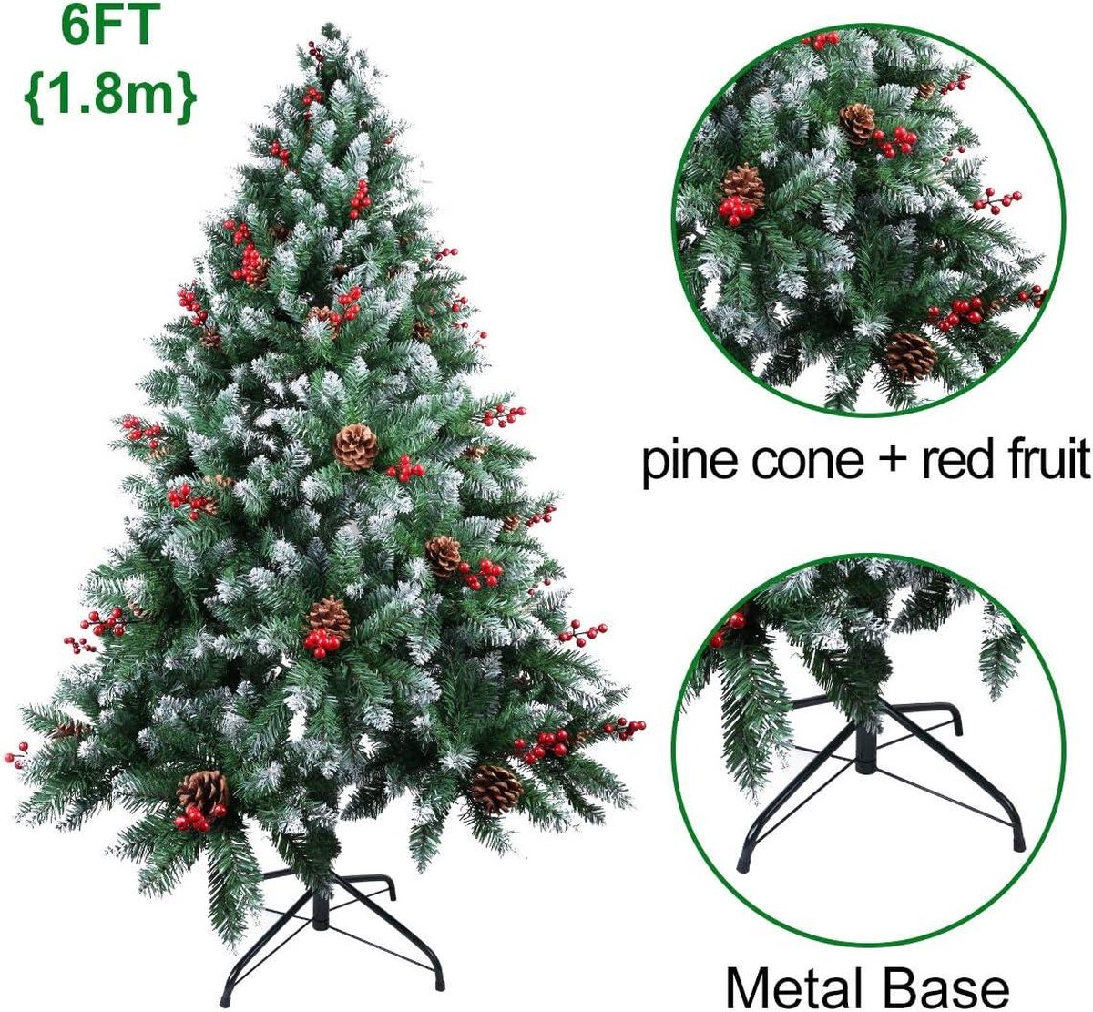 Kerstboom 6ft kunst met dennenappels en rode bessen
