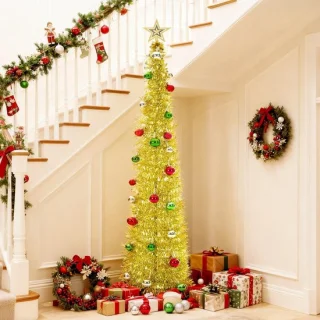 Kerstboom kunststof 150cm goud met verlichting en sterbaltopper