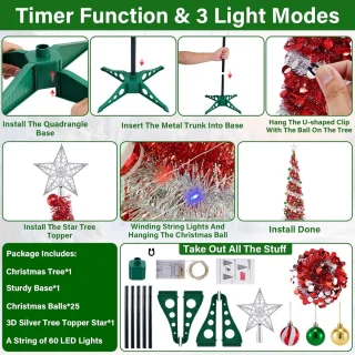 Kerstboom Pop-up 150 cm - Rood/Zilver Glitter