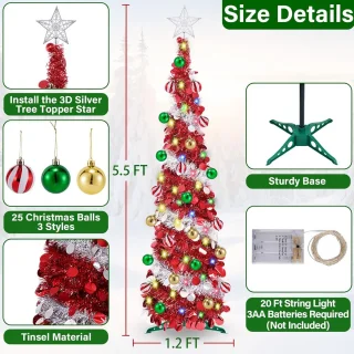 Kerstboom Pop-up 150 cm - Rood/Zilver Glitter