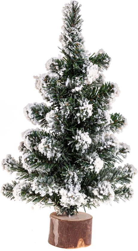 Kerstboompje met kunstsneeuw 25 cm op houten voet