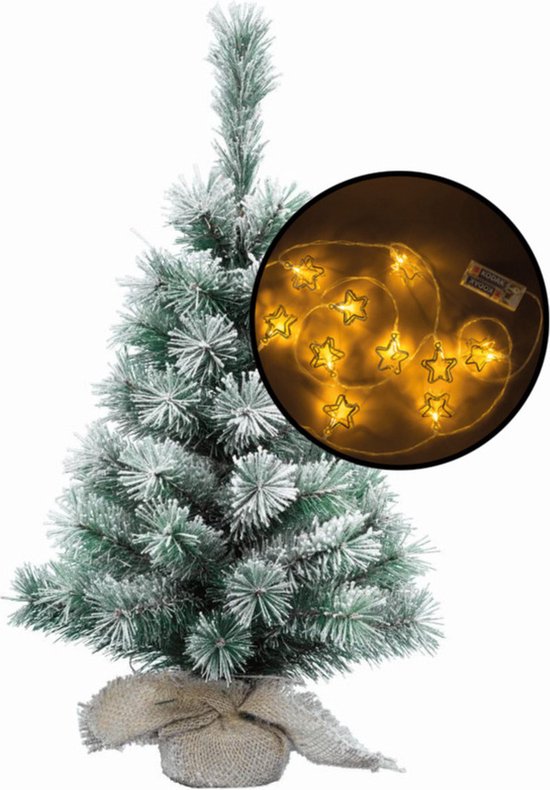 Kleine besneeuwde kerstboom 60 cm met 3D sterren lichtsnoer