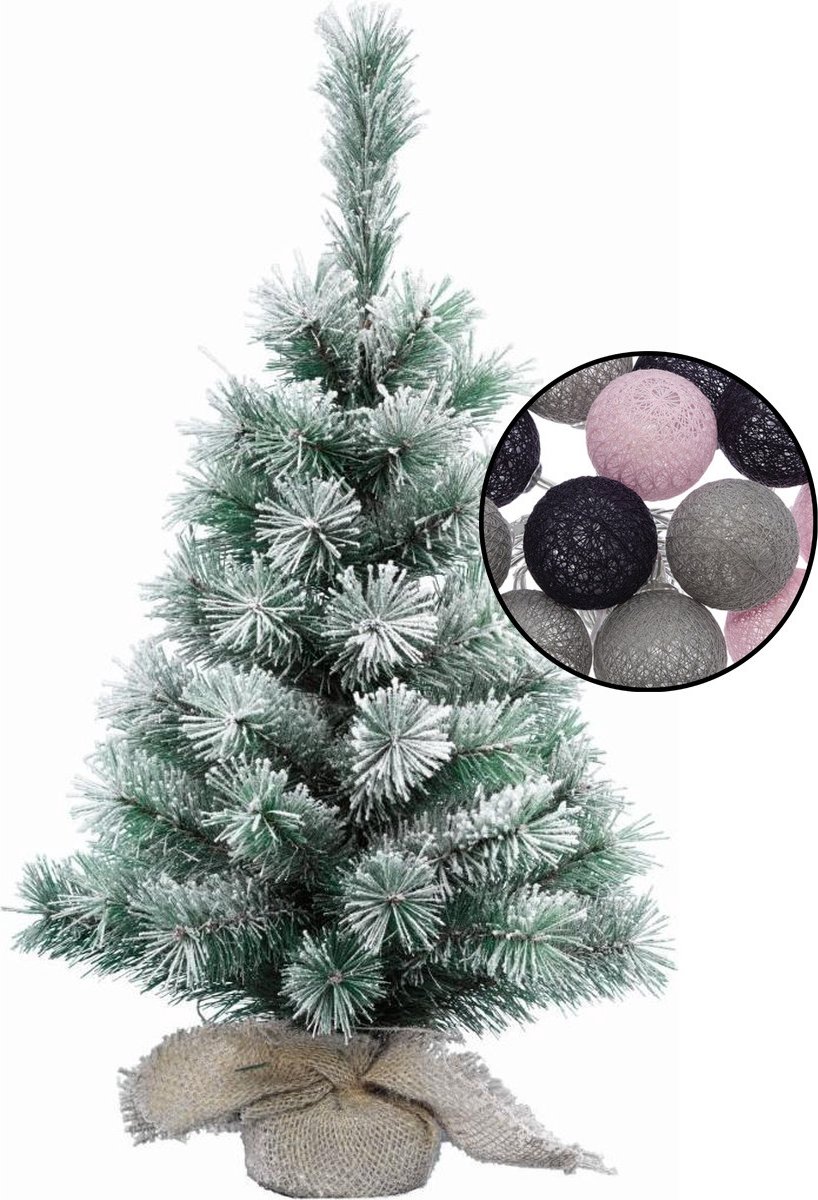 Kleine besneeuwde kerstboom 60 cm met verlichting en bollenmix