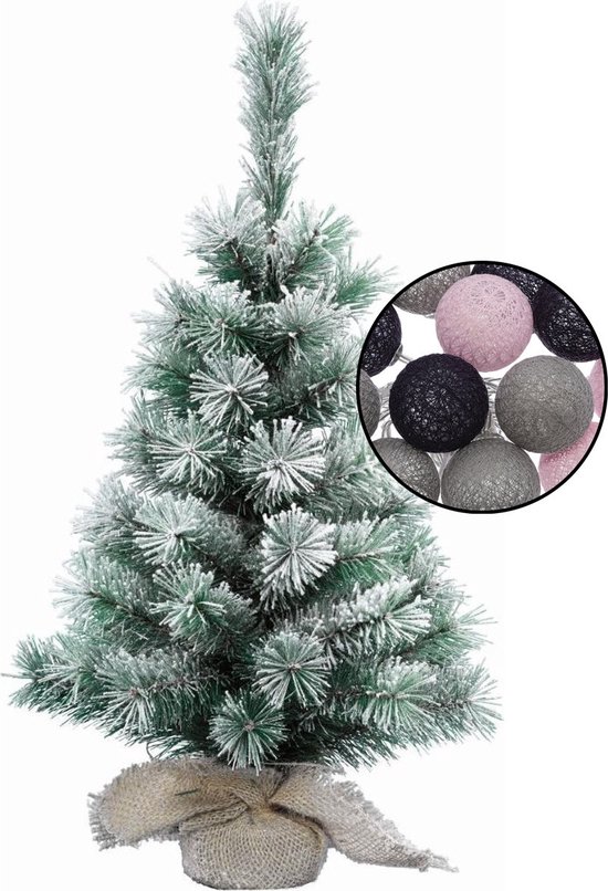 Kleine besneeuwde kerstboom 60 cm met verlichting en bollenmix