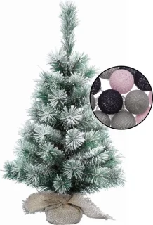 Kleine besneeuwde kerstboom 60 cm met verlichting en bollenmix