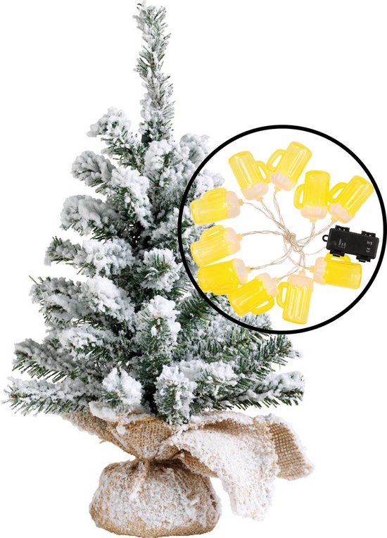 Kleine besneeuwde kunst kerstboom H45 cm met bier lichtsnoer