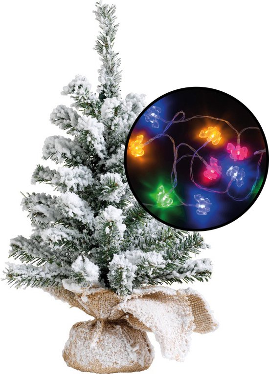 Kleine besneeuwde kunst kerstboom H45 cm met paarden lichtsnoer