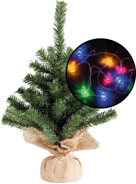 Kleine groene kunstkerstboom met paarden lichtsnoer H45 cm