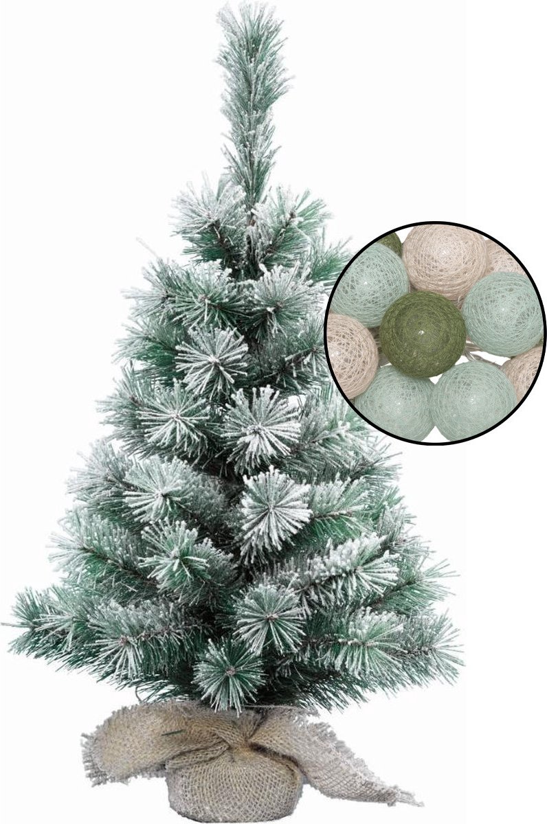 Kleine kerstboom H60 cm met verlichting en bollen mix groen/lichtroze