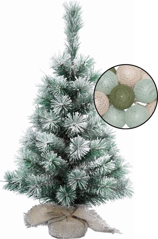 Kleine kerstboom H60 cm met verlichting en bollen mix groen/lichtroze