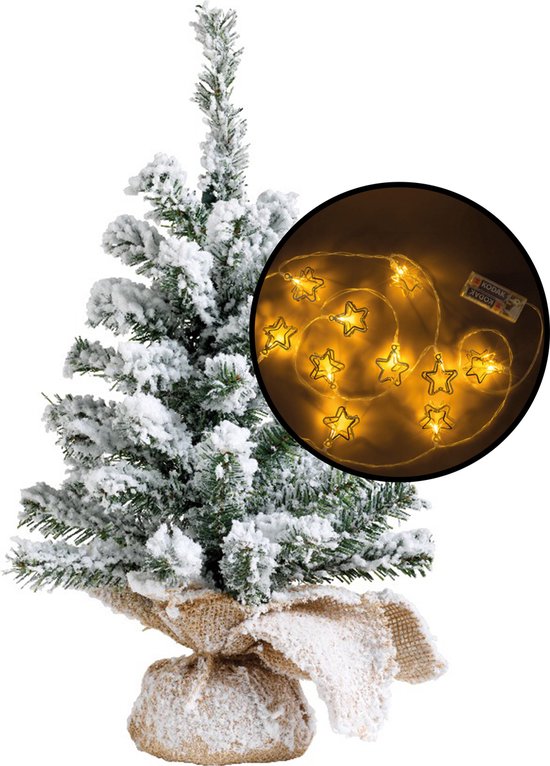 Kleine kunst kerstboom besneeuwd 45 cm Metalen Sterren Lichtsnoer
