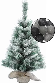 Kleine kunst kerstboom besneeuwd 60 cm met verlichting en bollen zwart/grijs