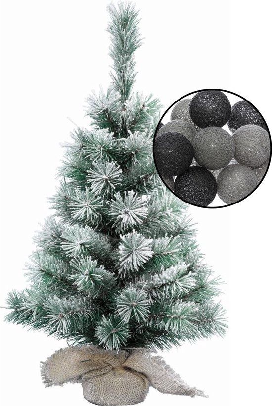 Kleine kunst kerstboom besneeuwd 60 cm met verlichting en bollen zwart/grijs