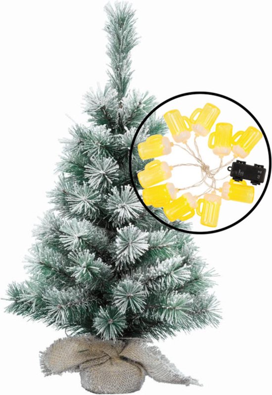 Kleine kunst kerstboom besneeuwd H60 cm met bier lichtsnoer