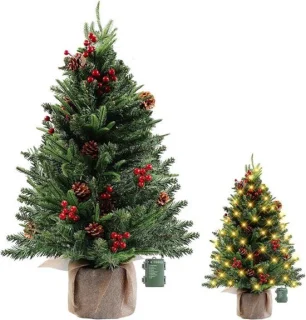 Kleine kunstkerstboom 60 cm met ledverlichting, bessen en dennenappels