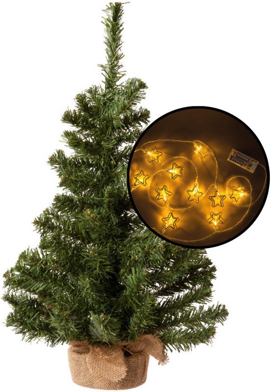 Kleine kunstkerstboom groen 60 cm met 3D sterren lichtsnoer metallic goud