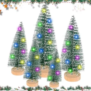 Kleine kunstkerstboom set van 5 - groene mini dennenbomen met led-verlichting en houten basis