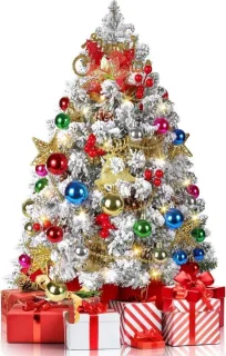 Kleine kunstkerstboom sneeuwstijl met led-verlichting en ornamenten