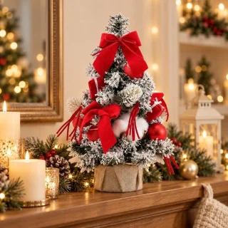 Kleine tafelkerstboom – snow flocked met rode strik, bessen en dennenappels – 30 cm