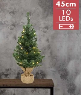 Kleine volle kerstboom 45 cm in jute zak met 10 lampjes op batterijen