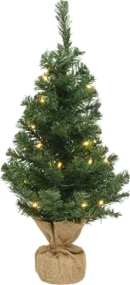 Kleine volle kerstboom 45 cm in jute zak met 10 lampjes op batterijen