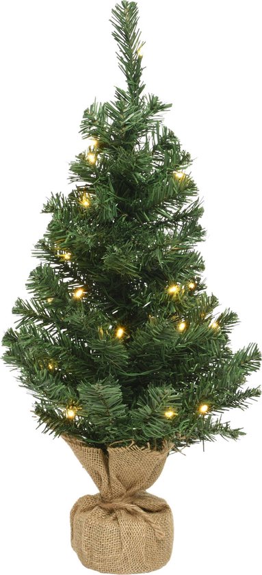 Kleine volle kerstboom 75 cm in jute zak met 35 lampjes op batterijen
