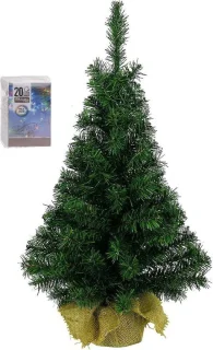 kunst kerstboom 45 cm in jute zak met gekleurde lampjes