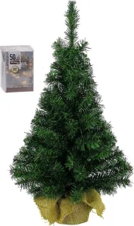 Kunst Kerstboom 75 cm in jute zak met lampjes