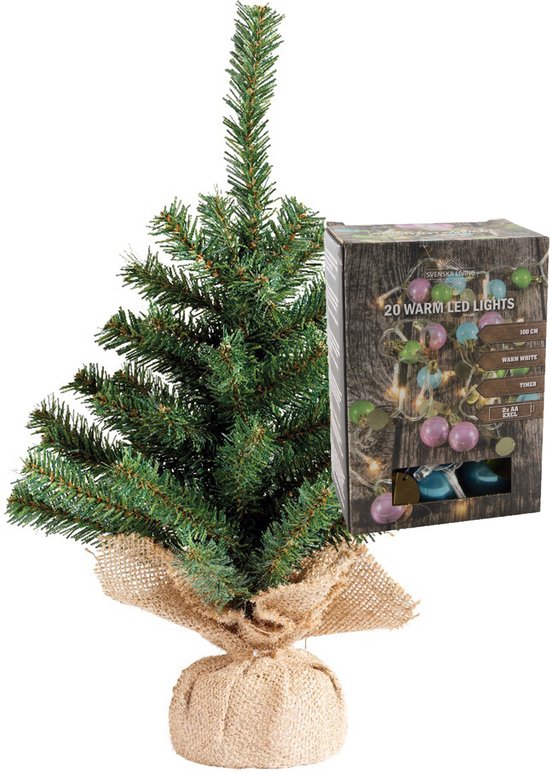 Kunst kerstboom H45 cm met kerstballen en lichtsnoer