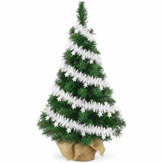 Kunst kerstboom met witte folieslinger in jute zak - 75 cm