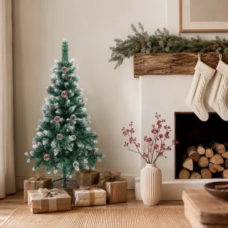 Kunstkerstboom 120 cm met dennenappels en sneeuweffect