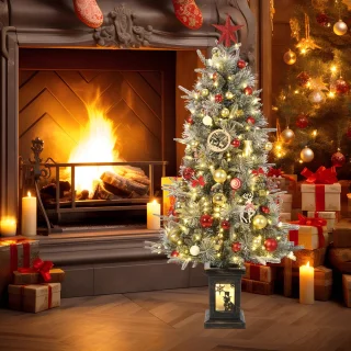 Kunstkerstboom 122 cm met ledverlichting, vintage plantenpot