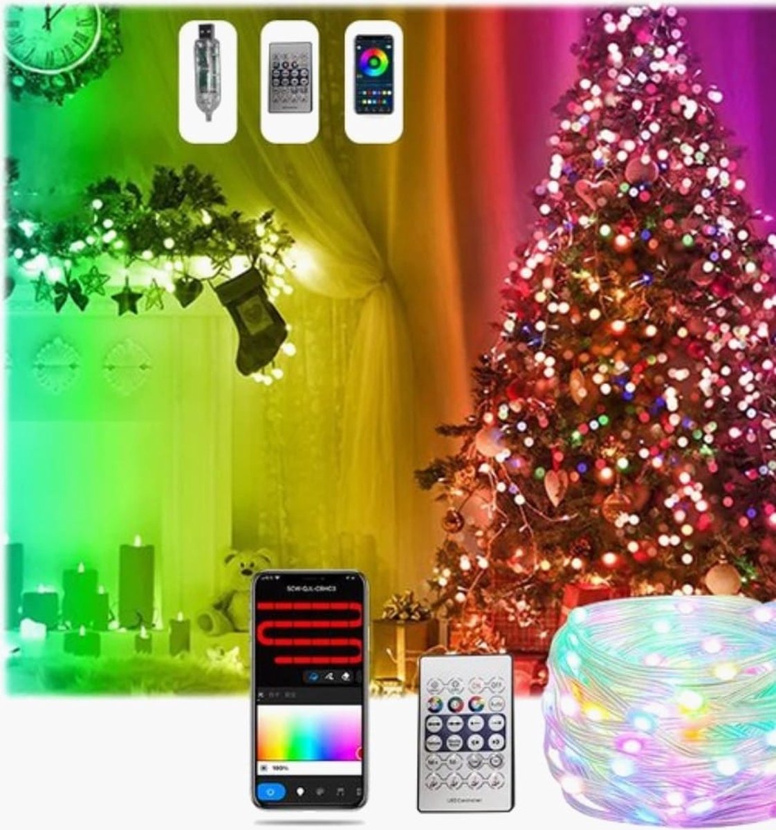 Kunstkerstboom 150 cm met gekleurde LED-verlichting en afstandsbediening