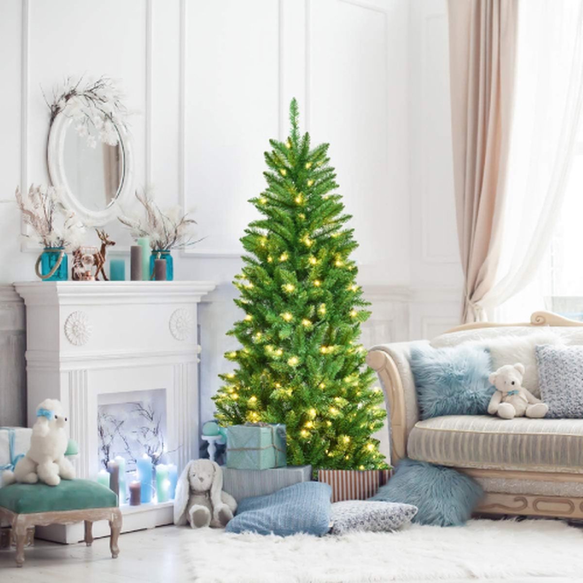 kunstkerstboom 150 cm pvc potlood kerstboom met led verlichting en metalen standaard
