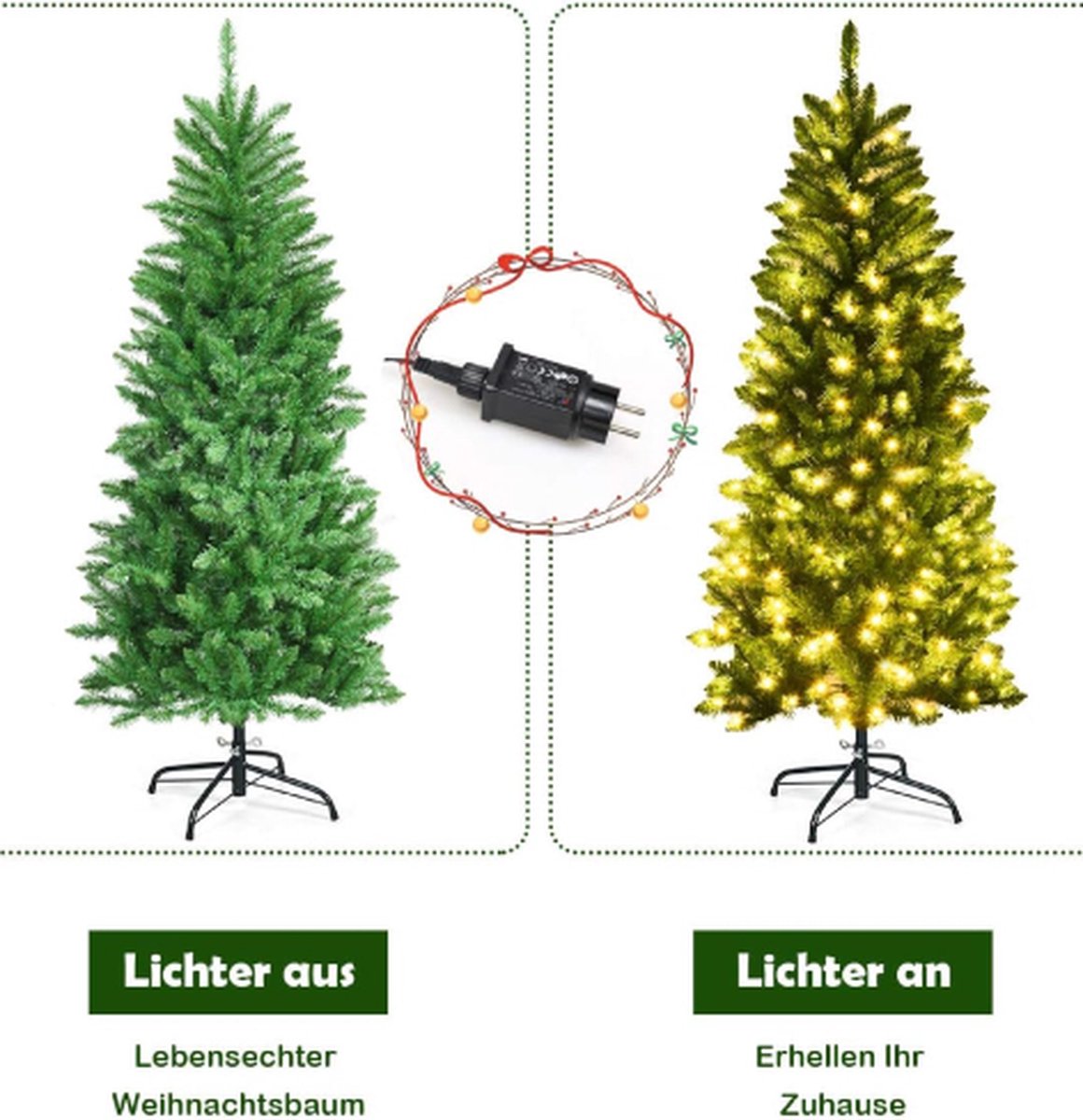 kunstkerstboom 150 cm pvc potlood kerstboom met led verlichting en metalen standaard