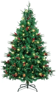 Kunstkerstboom 180 cm met 300 led-lampjes, rode bessen en dennenappels